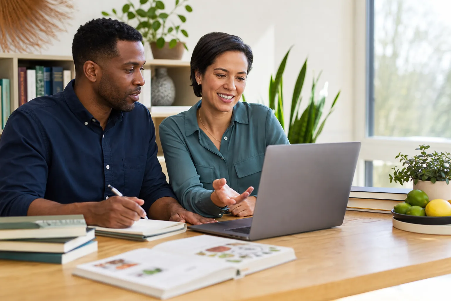 Two adult professionals collaborating during online health-sciences study
